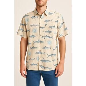 Columbia Fishing Shirt L Beige Blue Fish Map Print Button Front Short Sleeve